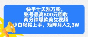 快手七天涨万粉，但账号最高800元回收。两分钟一个爆款美女视频，小白秒上手-星璨学社