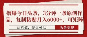 撸爆今日头条，3分钟一条原创作品，复制粘贴月入6000+，可矩阵-星璨学社